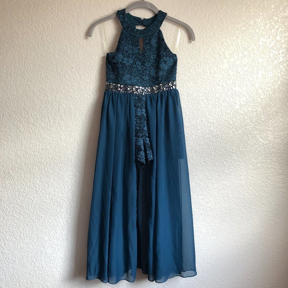 Girls size 7 sequin + lace romper with maxi dress overlay, teal color formal